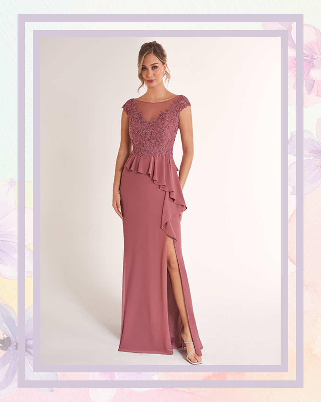 A model wearing a mauve, floor-length gown with a peplum detail and a side slit, featuring lace embellishments on the bodice.