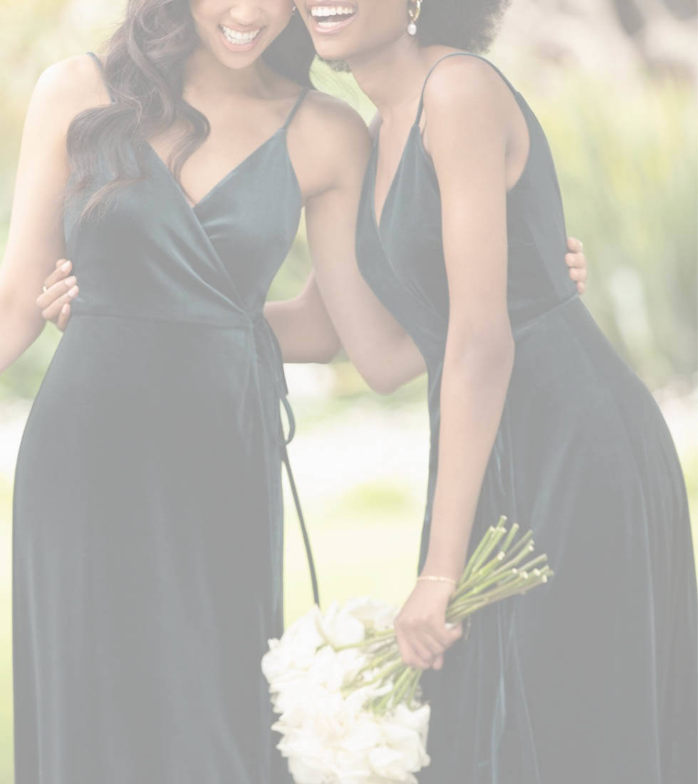 Model's wearing a bridesmaids gowns. Grayscale image