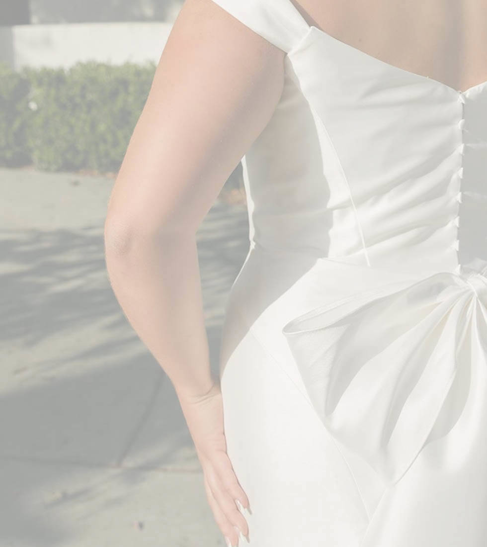 Model wearing a white white gown. Grayscale image