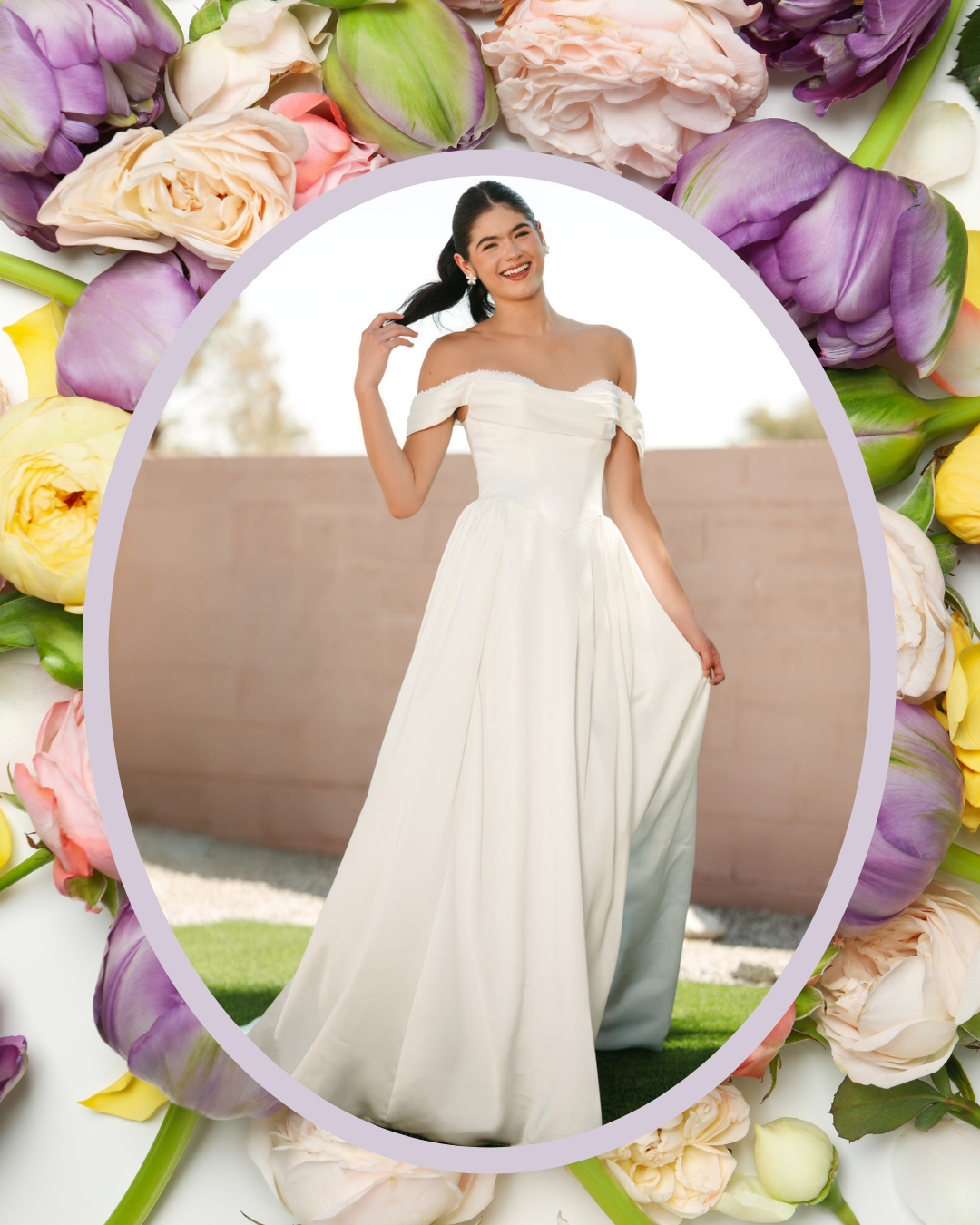 A woman wearing a white off-the-shoulder gown, standing against a floral background.