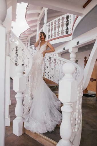 All Who Wander Style No. LEYLA #0 default (IVRM-PL) Ivory Lace & Tulle over Rum Gown with Porcelain Tulle Plunge thumbnail