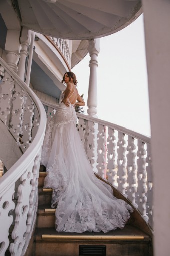 All Who Wander Style No. LEYLA #1 default (IVRM-PL) Ivory Lace & Tulle over Rum Gown with Porcelain Tulle Plunge thumbnail