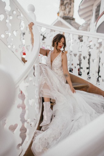 All Who Wander Style No. LEYLA #2 (IVRM-PL) Ivory Lace & Tulle over Rum Gown with Porcelain Tulle Plunge thumbnail