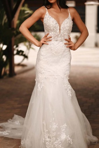 Stella York Style No. 7841-IV #2 (IVAL-PL) IVR LACE & TULLE OVER ALM GOWN W PORCELAIN TULLE ILLUSION thumbnail