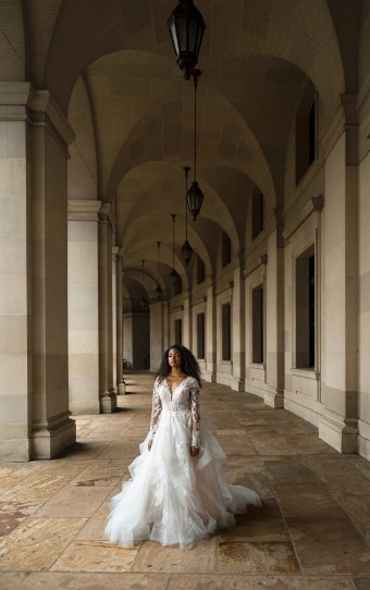 Essense of Australia Style No. D3892DQ #0 default Ivory Lace & Tulle Over Biscotti Gown W Porcelain Tulle Plunge thumbnail