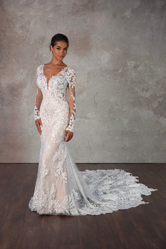 Essense of Australia Style No. D4213IV #3 default (IVRM-PL) Ivory Lace & Tulle over Rum Gown w Porcelain Tulle Plunge thumbnail