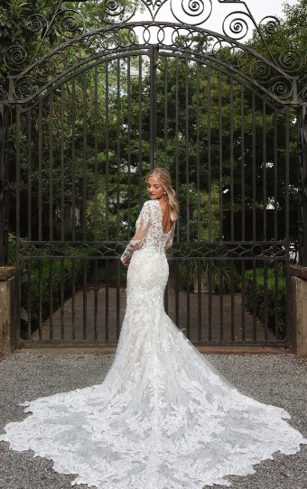 Essense of Australia Style No. D4213IV #1 (IVRM-PL) Ivory Lace & Tulle over Rum Gown w Porcelain Tulle Plunge thumbnail