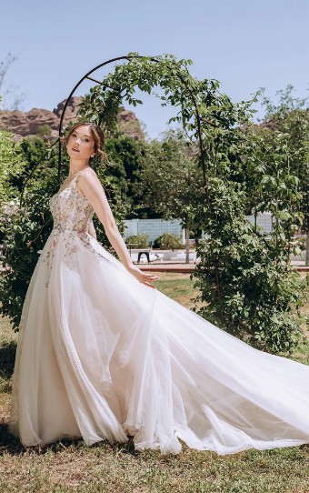 Stella York Style No. 8063GQ #0 default (BH-IV) BLUE BLUSH LACE ON TULLE OVER IVORY GOWN thumbnail