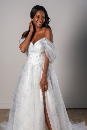 Stella York Style No. SY8215ZZ #2 (FB-IV) FRENCH BLUE FLORAL PRINTED ORGANZA OVER IVORY GOWN thumbnail