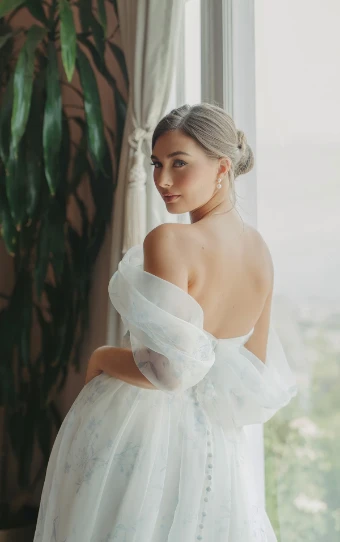 Stella York Style No. SY8215ZZ #1 (FB-IV) FRENCH BLUE FLORAL PRINTED ORGANZA OVER IVORY GOWN thumbnail