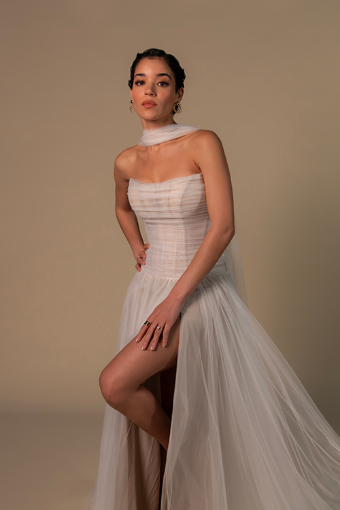 All Who Wander Style No. SABINE-ZZ #4 (IV-LT) IVORY FRENCH TULLE OVER LATTE GOWN thumbnail