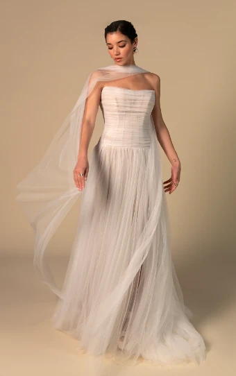 All Who Wander Style No. SABINE-ZZ #3 (IV-LT) IVORY FRENCH TULLE OVER LATTE GOWN thumbnail