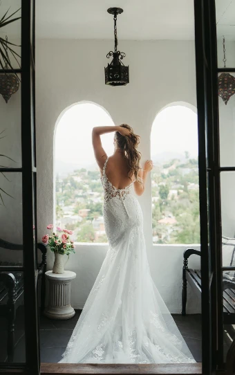 Stella York Style No. SY8168IV #2 (IVLN-PL) IVORY LACE & TULLE OVER LINEN GOWN W PORCELAIN TULLE ILLUSION thumbnail