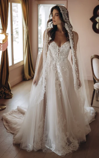Stella York Style No. SY8293 #12 (IVIV-PL) Ivory Lace & Tulle over Ivory Gown w Porcelain Tulle Plunge thumbnail