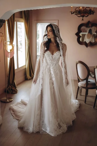 Stella York Style No. SY8293 #1 (IVIV-PL) Ivory Lace & Tulle over Ivory Gown w Porcelain Tulle Plunge thumbnail