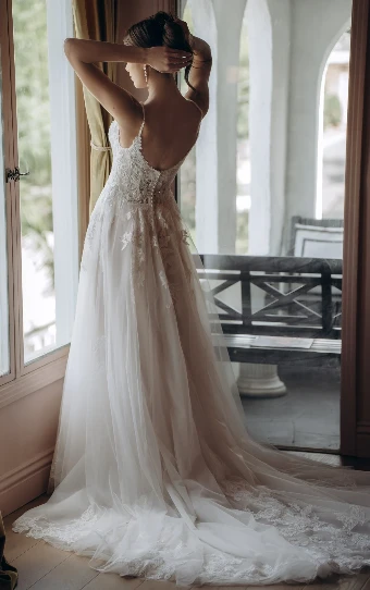 Stella York Style No. SY8293 #14 (IVIV-PL) Ivory Lace & Tulle over Ivory Gown w Porcelain Tulle Plunge thumbnail